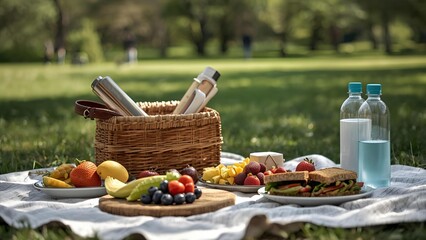 Healthy picnic with fruits, sandwiches, and drinks in the park