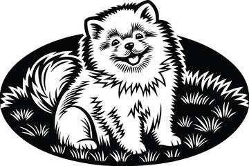 Smiling Pomeranian: A cheerful illustration of a fluffy Pomeranian dog, its happy expression enhanced by the contrast of black and white.