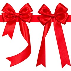 Two vibrant red satin bows on ribbons