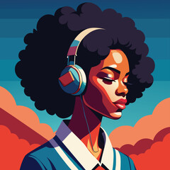 A Musical Interlude: An illustration of woman listening to music through headphones, closed eyes, lost in the melodic symphony. Evoking a sense of peace, meditation, relaxation, and serenity.