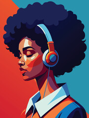 Serene Sonic Embrace: An illustration portrays a woman lost in a world of sound, headphones perched atop her hair, eyes gently closed in the bliss of the music.
