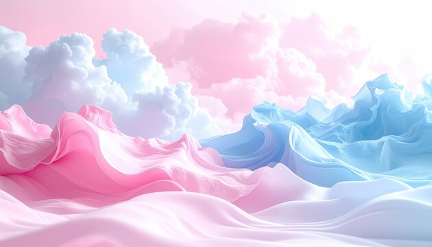 Abstract dreamscape featuring flowing pastel pink and blue fabric-like waves under soft fluffy white clouds against a pale pink sky