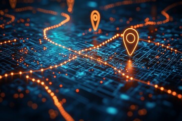 Digital map showcasing glowing location markers and routes