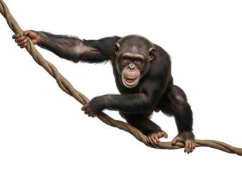 A chimpanzee grips a vine, showcasing its powerful physique against a stark black backdrop.