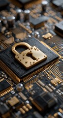 Close-up of a gold padlock icon on a circuit board