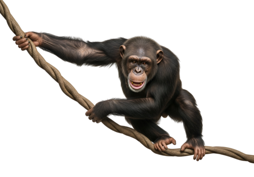 A chimpanzee grips a vine, showcasing its powerful physique against a stark black backdrop.