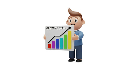 Cheerful 3D character presents bar graph showing growing stats, perfect for visualizing business growth, financial success, and positive market trends in presentations