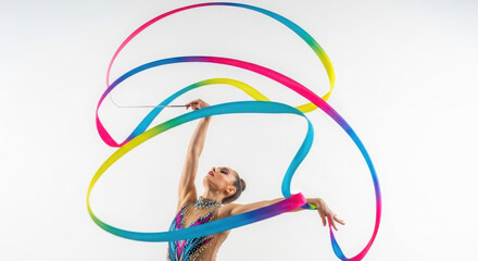 Rhythmic gymnast performing with a swirling colorful ribbon.