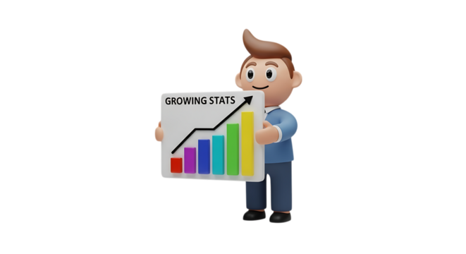 Cheerful 3D character presents bar graph showing growing stats, perfect for visualizing business growth, financial success, and positive market trends in presentations