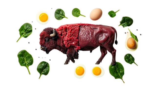 Creative meal plan featuring dog like bison with eggs and spinach on transparent png background