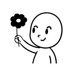 Black and white vector illustration of a beautiful woman holding a flower, minimal clean line art style