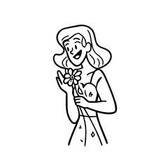 Black and white vector illustration of a beautiful woman holding a flower, minimal clean line art style