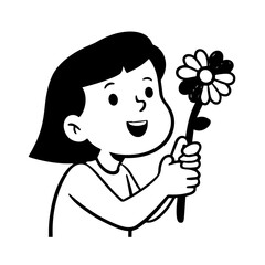 Black and white vector illustration of a beautiful woman holding a flower, minimal clean line art style