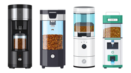 Four modern coffee grinders are displayed row, each with sleek design and transparent compartments showcasing coffee beans. grinders vary color