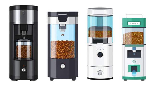 Four modern coffee grinders are displayed row, each with sleek design and transparent compartments showcasing coffee beans. grinders vary color