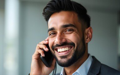 Happy smiling mid adult indian businessman on call. High quality