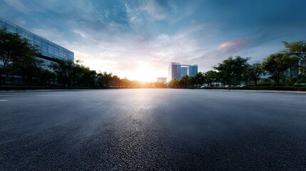 Fototapeta premium Modern office buildings and green trees along an empty asphalt road under a bright sunrise sky