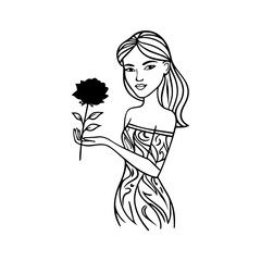 Black and white vector illustration of a beautiful woman holding a flower, minimal clean line art style