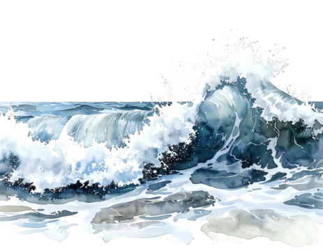 Watercolor painting of a powerful ocean wave crashing
