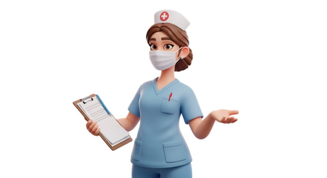 Cartoon nurse wearing mask with clipboard presenting information, conveys medical expertise and care, ideal for healthcare campaigns and educational content about wellness
