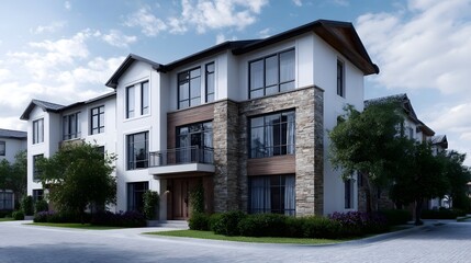 Modern luxury townhouses with stone and wood accents under a bright daytime sky