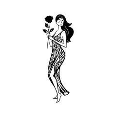 Black and white vector illustration of a beautiful woman holding a flower, minimal clean line art style