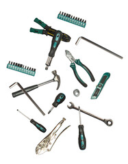 collection of various silver and green hand tools against a transparent background