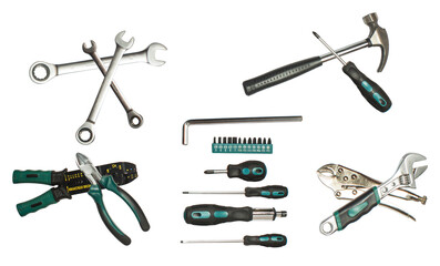 silver and black hand tools scattered on a dark background, ideal for construction