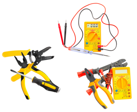 yellow and black electrical and manual tools against a dark surface