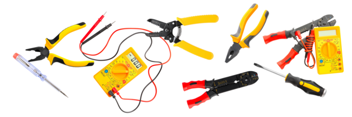 various black, red, and yellow tools arranged for repair and electrical projects