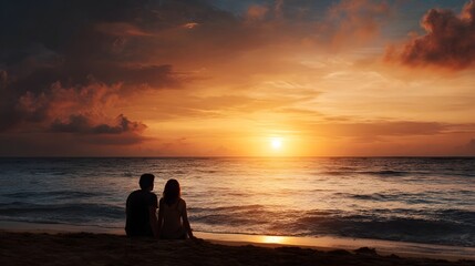 Fototapeta premium A couple sits on a beach silhouetted against a vibrant golden sunset over the ocean creating a romantic and serene scene