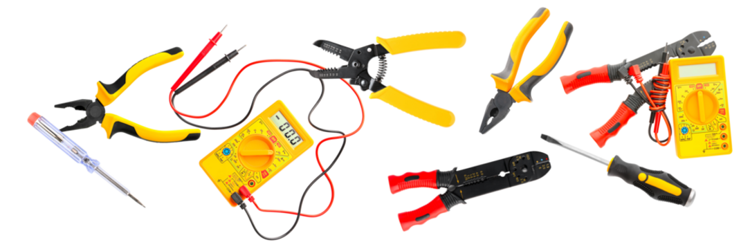 various black, red, and yellow tools arranged for repair and electrical projects - Powered by Adobe