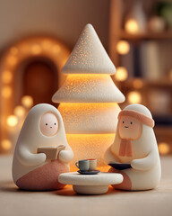 A cute 3D clay gingerbread man character decorated with a Santa hat and a snowman for the winter holiday season.