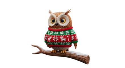 Cute owl wearing cozy Christmas sweater sitting on snowy branch, holiday cheer and festive spirit, adorable animal illustration for greeting cards and seasonal designs