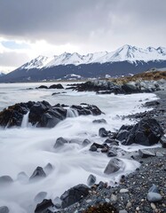 Rocky beach meeting a stormy sea, snow-capped mountains in the background