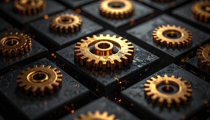 Golden gears interlock on dark, textured cubes, creating a complex, intricate, and visually striking pattern