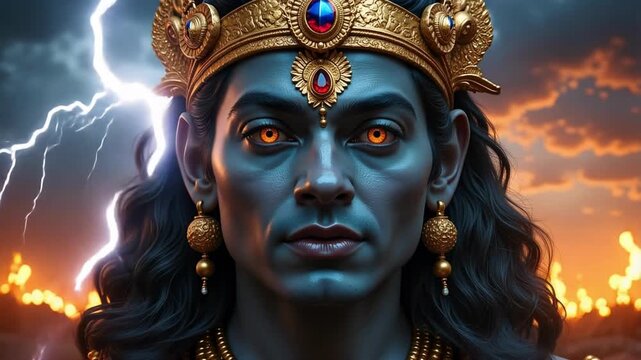 Majestic Lord Indra with Glowing Lightning Sky Awaits! Experience Hindu Divinity in Stunning 4K Video for Spiritual, Cultural, and Artistic Projects