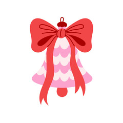 Bell Christmas Ornament with Bow. Pink pastel Festive Holiday Decoration. Coquette Girly aesthetic, hand drawn flat vector illustration. Playful romantic design for card, sticker, poster