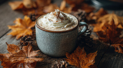 Savoring autumn coffee delight rustic kitchen close-up beverage photography cozy setting seasonal comfort vibes