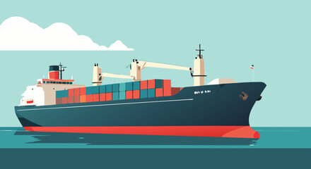 Obraz premium Global Cargo Carrier: A vibrant illustration showcases a large container ship sailing the open ocean, symbolizing international trade and maritime transport with a clean and contemporary aesthetic.