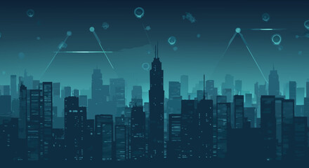 Fototapeta premium Cityscape in Silhouette: An illuminated cityscape bathed in twilight, where modern skyscrapers stand as dark silhouettes against a turquoise-blue night sky.