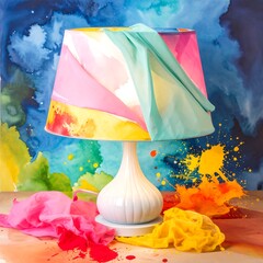Colorful lampshade draped over white lamp, surrounded by vibrant paint splatters and fabric scraps