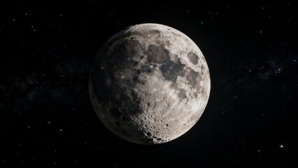 A detailed view of the Moon's surface, showcasing its craters and maria against the backdrop of a starry night sky.