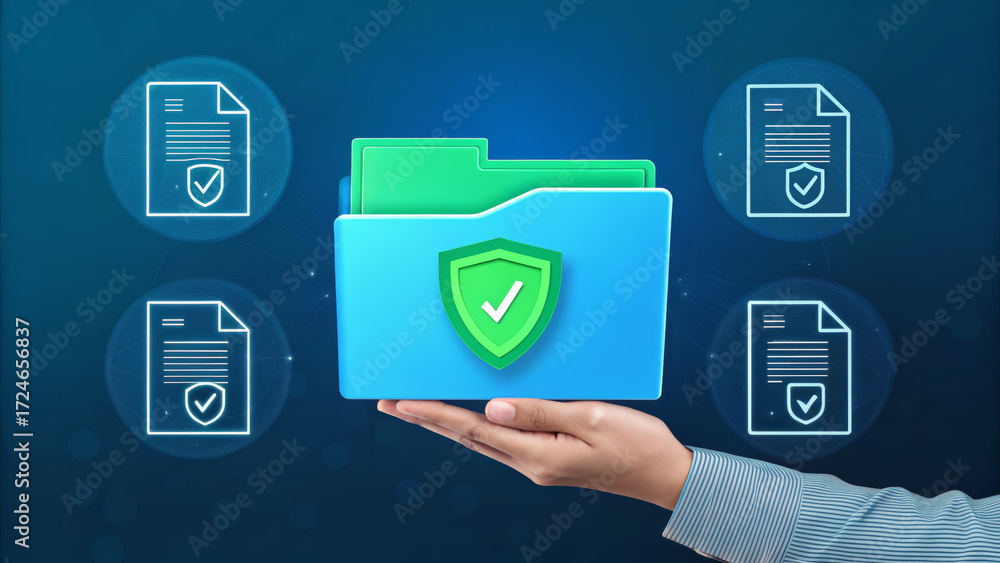 Poster Protection rights for user data folder with shield icon held by hand representing secure file access and privacy in digital environment