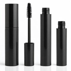 Three sleek black cylindrical cosmetic containers; one holds a black mascara wand