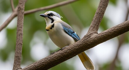 Fototapeta premium Azure winged magpie resting on a branch gazing into the distance