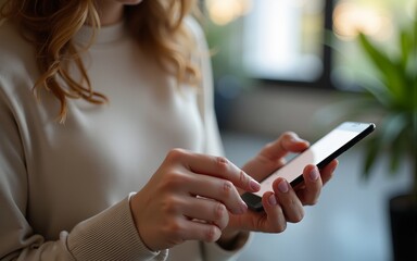 Obraz premium Woman typing email on smartphone. High quality