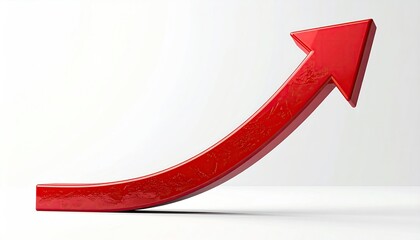 A vibrant red, three-dimensional arrow curves upward against a stark white backdrop, suggesting growth or progress