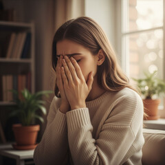 portrait of a young, sad woman who covers her face with her hands
