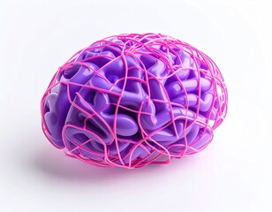 3D rendering of a purple brain encased in a pink cage-like structure, centered on a white background with subtle shadow